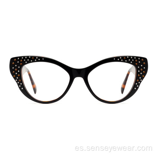 Cat Ojo Rhinestone Acetate Marco óptico Gafas